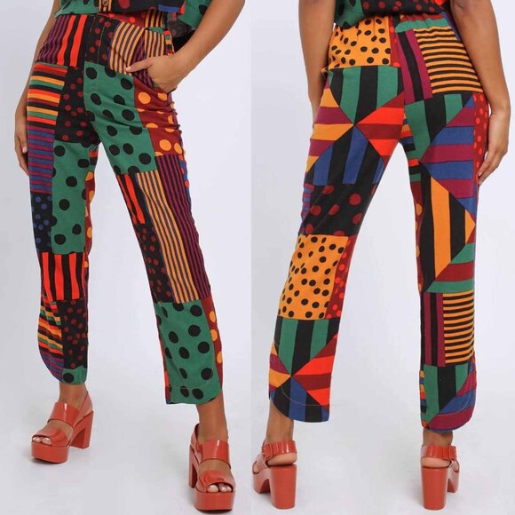 FARM RIO Linen Blend Mixed Geometric Colorful Pants P XS Tribal Crop Unique Rare